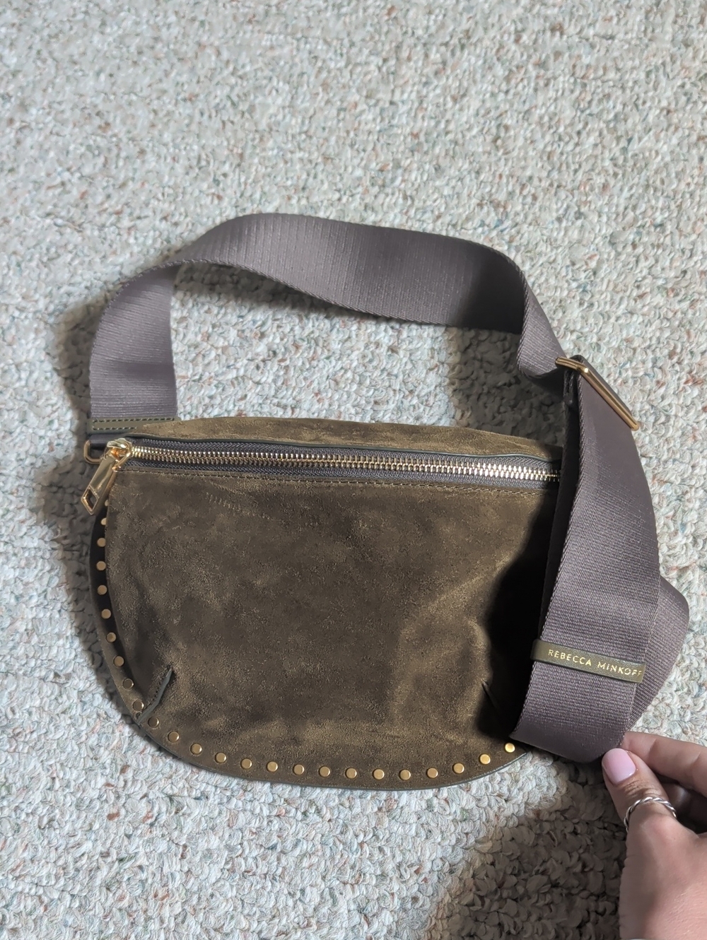Rebecca Minkoff Olive Suede Belt Bag with Gold Studs